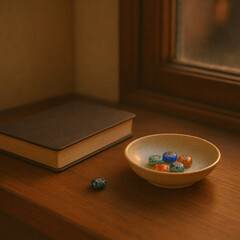 Vintage-style flat lay with handmade glass marbles and open notebook near window (Generative AI)