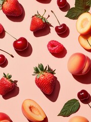 Fototapeta premium red and pink fruits background with peaches strawberries cherries and berries top view