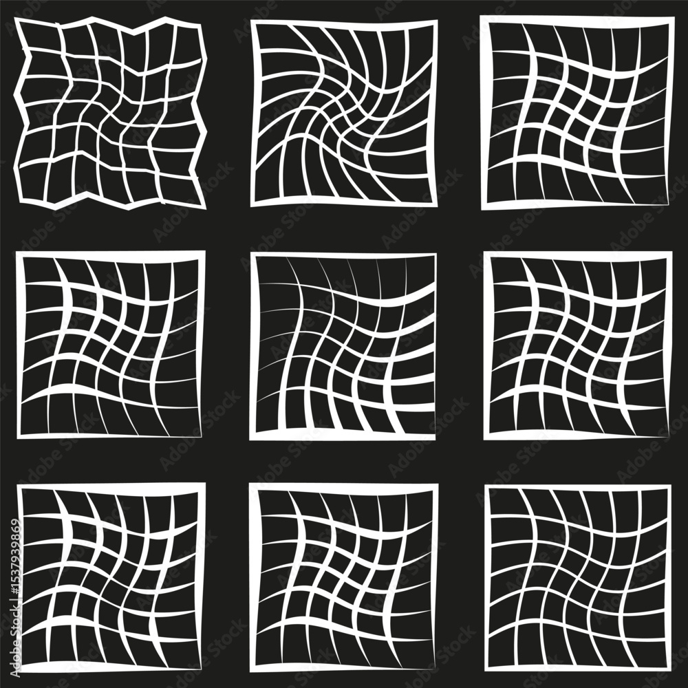 Poster deformed net vector. warped grid layout. optical illusion shape. black square tiles.