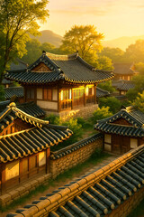 Traditional Korean hanok architecture in seasonal landscape settings (Generative AI)