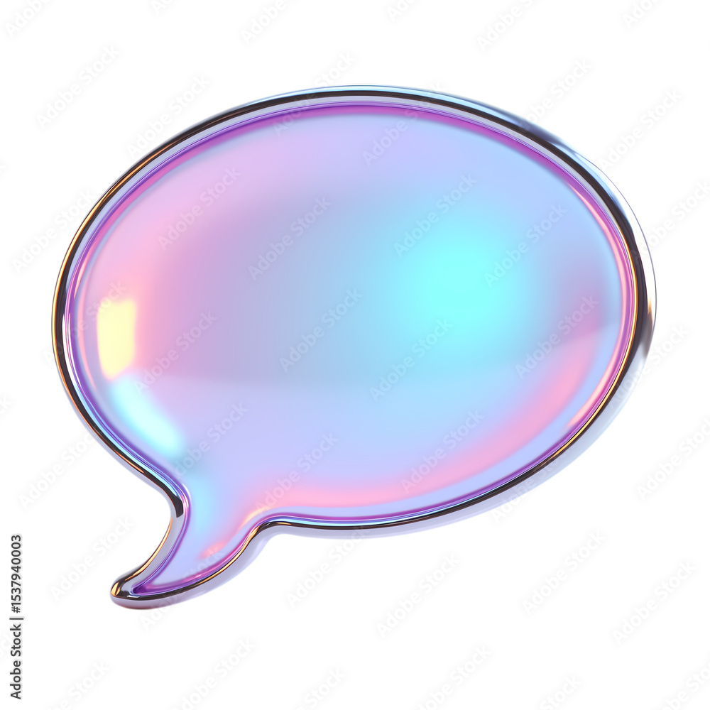 Poster iridescent speech bubble with chrome border on isolated on transparent background