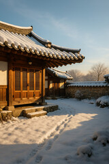 Traditional Korean hanok architecture in seasonal landscape settings (Generative AI)