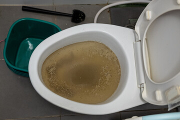 Obraz na płótnie Canvas Clogged toilet caused by pouring cat litter into the toilet