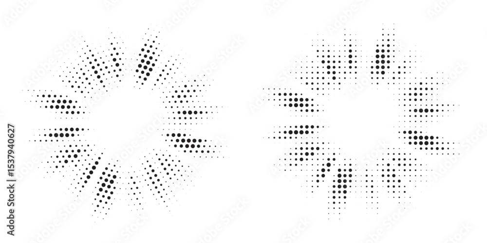 Poster Halftone circle frame background set. Round border Icon using halftone random circle. Grunge circular stain. Vector illustration.