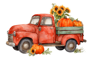 Red Vintage Truck with Pumpkins and Sunflowers Watercolor Illustration, PNG