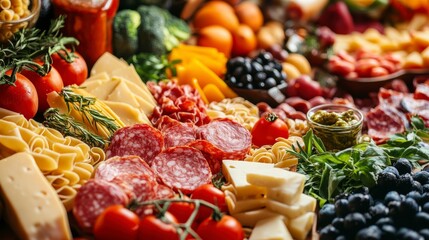 Abundant spread of Italian food salami, cheese, pasta, vegetables, and fruits.