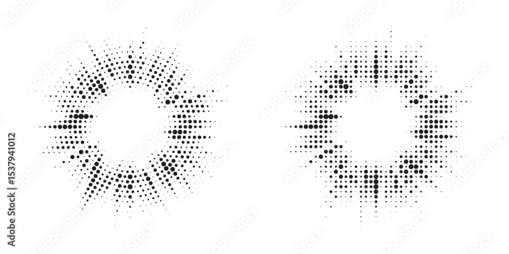 Aufkleber Halftone circle frame background set. Round border Icon using halftone random circle. Grunge circular stain. Vector illustration.
