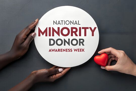 Diverse hands hold a National Minority Donor Awareness Week sign and a red heart, symbolizing life-saving organ donation in minority communities generative ai