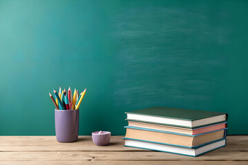 A stack of hardcover books and a cup of colored pencils sit on a rustic wooden desk, with a blank green chalkboard background for copy space generative ai