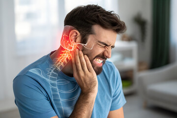 A man with a painful expression clutches his jaw, with a glowing red overlay illustrating nerve and bone inflammation in the neck and jaw area generative ai