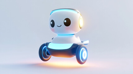 3D Illustration, robot on wheels. Cute robot with large eyes, compact body, and blue accents, suitable for tech, robotics, and innovation content.