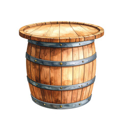 Obraz premium A rustic wooden barrel with metal bands, ideal for storing wine, whiskey, or other goods. This traditional container is perfect for themes of vintage, agriculture, or commerce.