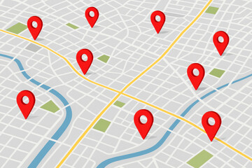 Map with multiple red location pins and city grid layout  