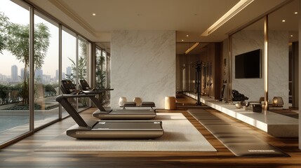 Modern Fitness Center with City View, Exercise Equipment, Luxury Interior