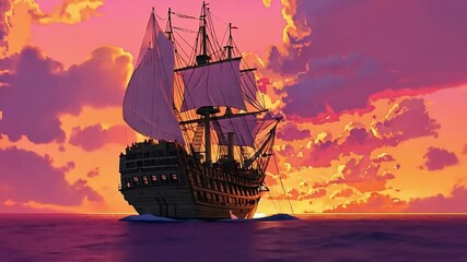 A majestic ship sailing at sunset with vibrant skies and calm waters. - Powered by Adobe