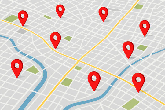 Map with multiple red location pins and city grid layout  