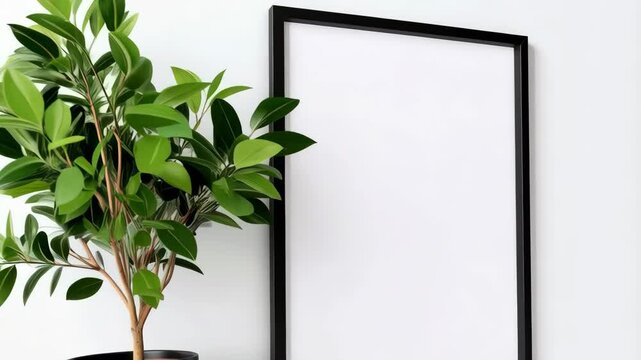 Elegant empty black frame mockup with a potted plant decoration against a bright white wall surface for artwork and photos display.