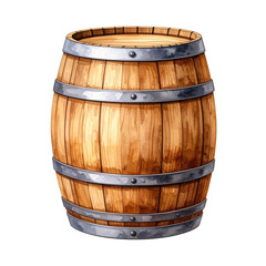 Obraz premium A watercolor illustration of a classic wooden barrel with metal hoops, often used for storing beverages like wine, beer, or whiskey.