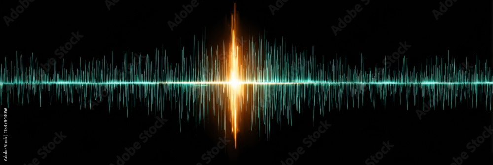 Fototapete Distorted Voice Waveform With Glitch Effect on a Simple Black Background Creates an Intriguing Visual Representation of Sound Dynamics