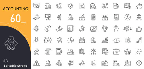 Accounting related icon collections. Containing money, ledger, invoice, audit, tax, balance, calculator, expense, finance, statement icons. Editable Stroke.