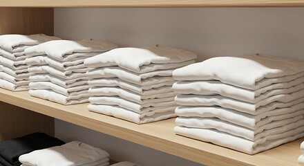 Neatly Stacked White T-Shirts on Wooden Shelves Organization and Storage Solution