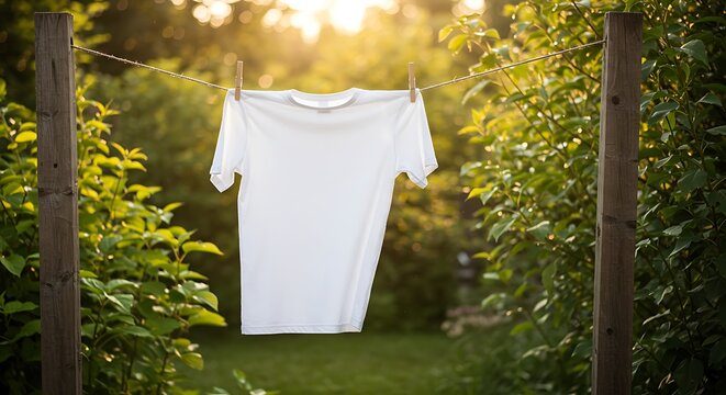Blank White T-Shirt Hanging on Clothesline in Sunny Garden
