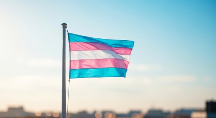Transgender flag waving in the wind against a clear blue sky - Concept of transparent background png  