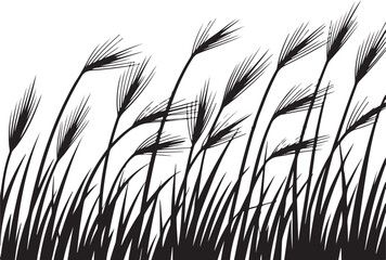 Silhouette of Tall Grass Blowing in Wind &ndash; Black Vector Art on White Background