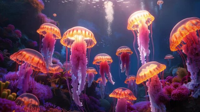 Very realistic and glowing deep sea coral reef with jellyfish