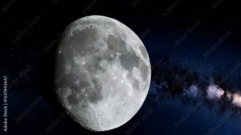 Poster detailed view of the moon with visible craters, set against a backdrop of stars and nebulas in deep 