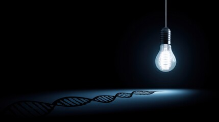 Glowing light bulb suspended on thin wire emitting bright white light, contrasting with dark DNA double helix structure on black background.