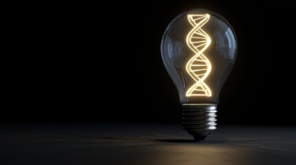 Transparent light bulb with metallic screw base against black background, glowing golden DNA double helix inside, casting subtle illumination on dark surface, striking contrast.