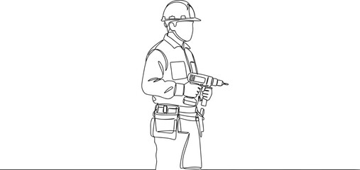 Construction worker with drill, safety helmet, tool belt, line art contractor, power tool operator, repairman illustration, handyman outline, construction equipment,