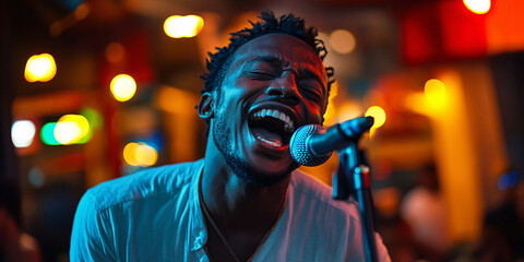 A male singer passionately performs a song into a microphone on a stage with vibrant lighting