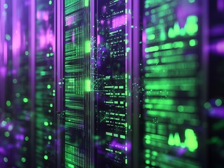 Abstract data storage concept with holographic visuals in green and purple shades