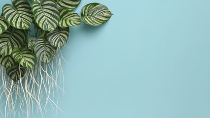 Emerald Elegance: A flourishing houseplant, featuring striking striped leaves and delicate root, against a backdrop of soft blue. capturing the serene beauty of nature