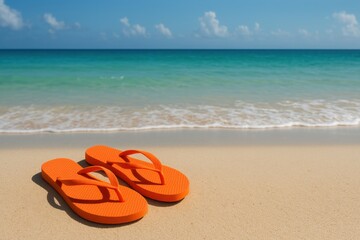 Obraz premium Orange flip-flops on sandy beach with turquoise sea and blue sky in tropical summer vacation setting