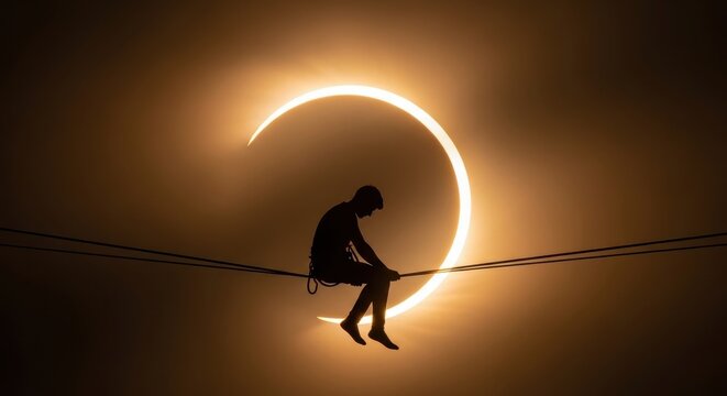 Silhouette of a climber sitting on a tightrope during a partial solar eclipse, enjoying the view