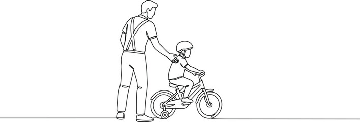 Father teaching child to ride bike, line drawing, family bonding concept, parenting support, childhood learning, outdoor training, minimal art, continuous line illustration, trust and love
