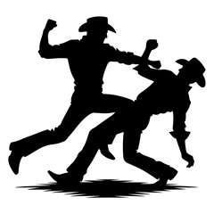 "Silhouette of Two Cowboys Fighting in Monochrome Pictogram Art Reflecting Wild West Duel Scene"