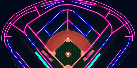 Neon Lit Baseball Field from Aerial View

