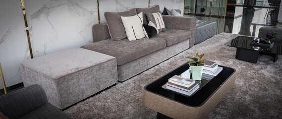 Decorative succulent plant in a white pot placed on a stylish coffee table in a cozy, modern living room with elegant decor, natural lighting, and warm tones for a peaceful interior ambiance.