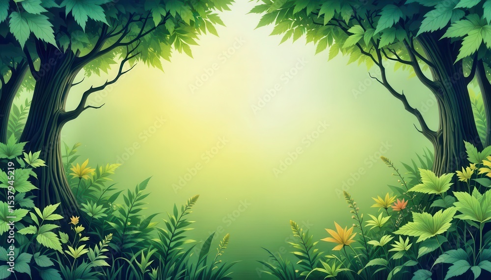 Poster vibrant and serene nature background for computer monitors with lush greenery and soft light