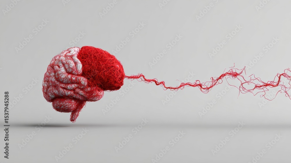 Aufkleber Torn Red Thread Connects Heart and Brain With Calmness Depicted on the Right Side of the Composition