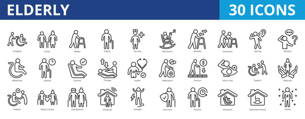 Elderly icon pack collection set for healthcare and medical. With caregiver, nursing, retirement, mobility, assistance, hearing, therapy, health, eldercare, healthcare, disability, insurance, patient