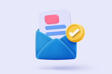 3d mail envelope icon signs with task management todo check list. Minimal email letter and paper read with notice check mark. 3d mail contract with message agree icon vector render illustration