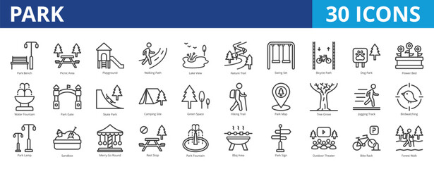 Park icon pack collection set for environment and gardening. With bench, picnic, area, playground, walking, path, lake view, nature, trail, water fountain, gate, environment, forest, hiking, camping