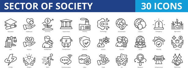 Sector of society icon pack collection set for community people and culture. With education, healthcare, economy, government, industry, technology, environment, culture, agriculture, law, finance
