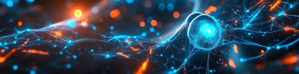 AI-powered neural network with electric blue and orange accents in a cybernetic field