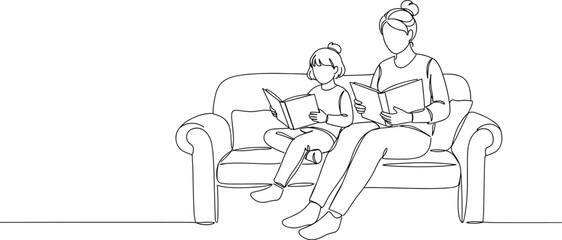 Mother reading with daughter, family bonding sketch, minimal line drawing, education at home, parenting time, quiet moment, sofa scene, learning together, peaceful, love, connection